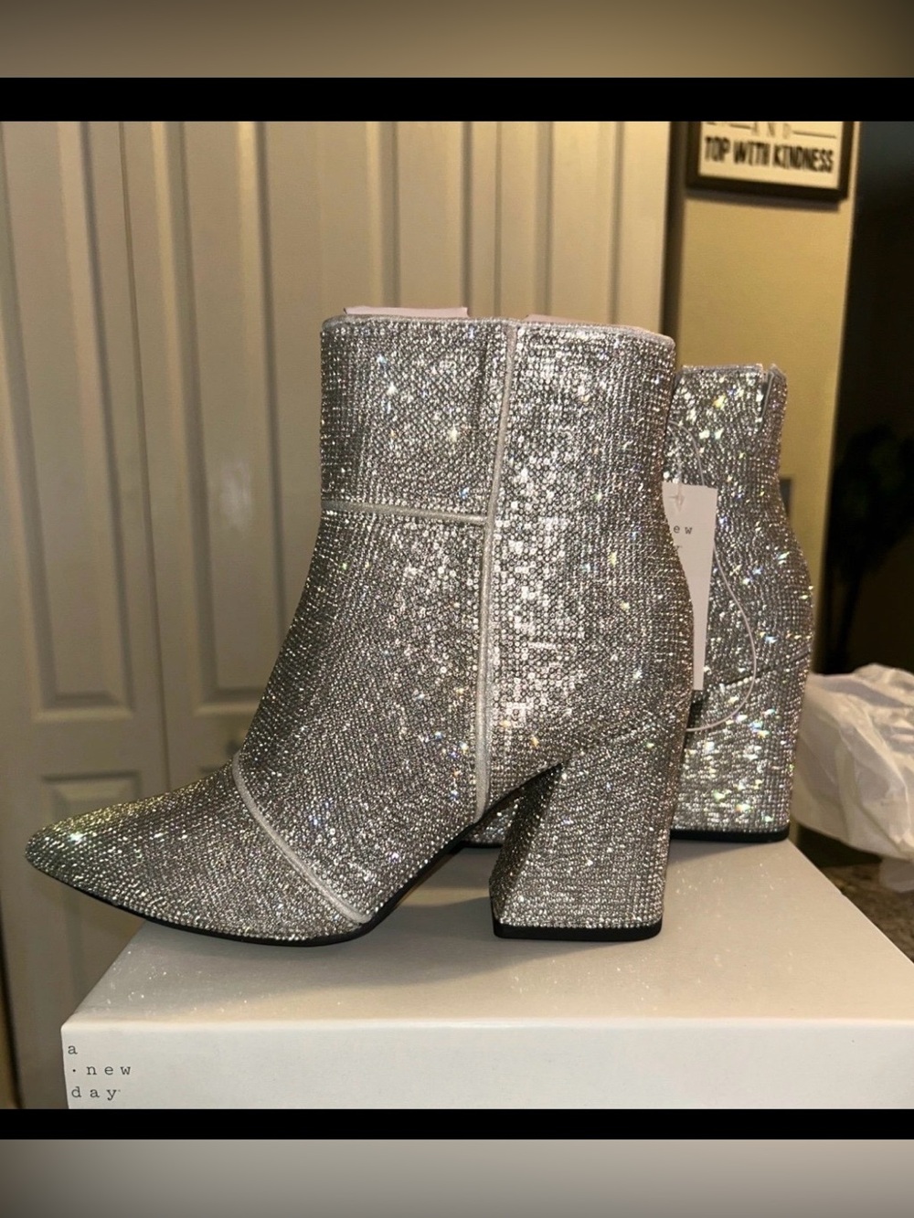 a new day Silver Glitter Pointed Toe Block Heel Ankle Boots
